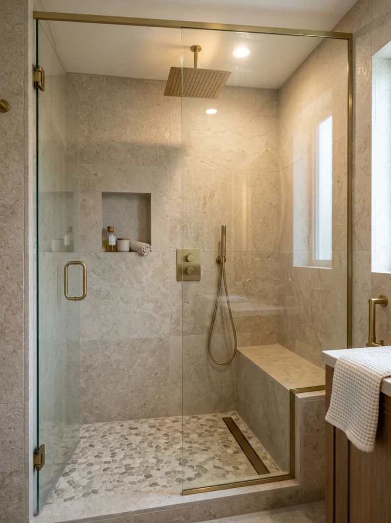 Built-in shower bench inside a luxury walk-in shower.