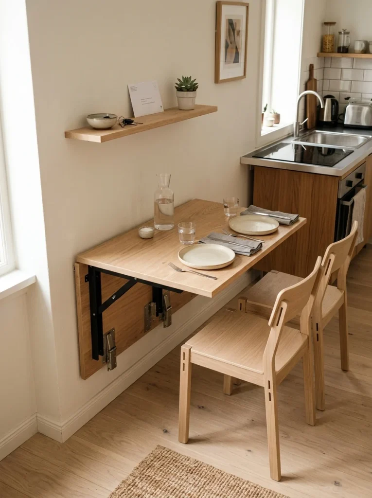 Wall-mounted fold-flat dining table saving floor space in a compact apartment.