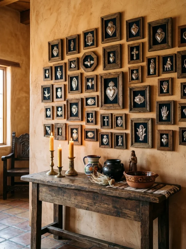 Traditional Mexican milagros displayed as wall art.