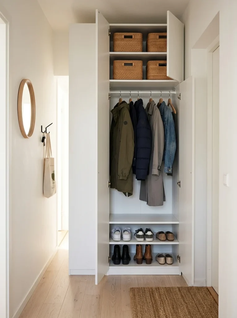 Narrow PAX wardrobe used as a space-saving coat closet in a small entryway.