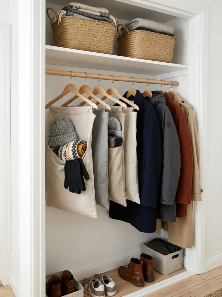 Hanging fabric storage bags organizing seasonal accessories inside an entryway wardrobe.