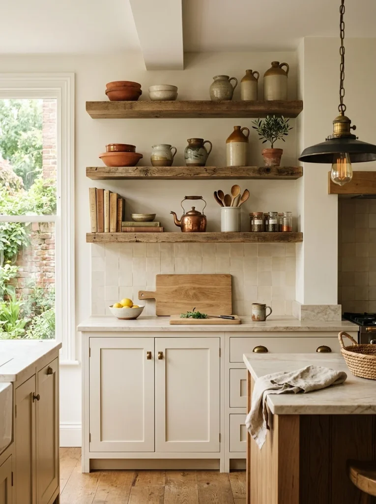 Modern kitchen featuring reclaimed wood shelving and salvaged vintage design details.