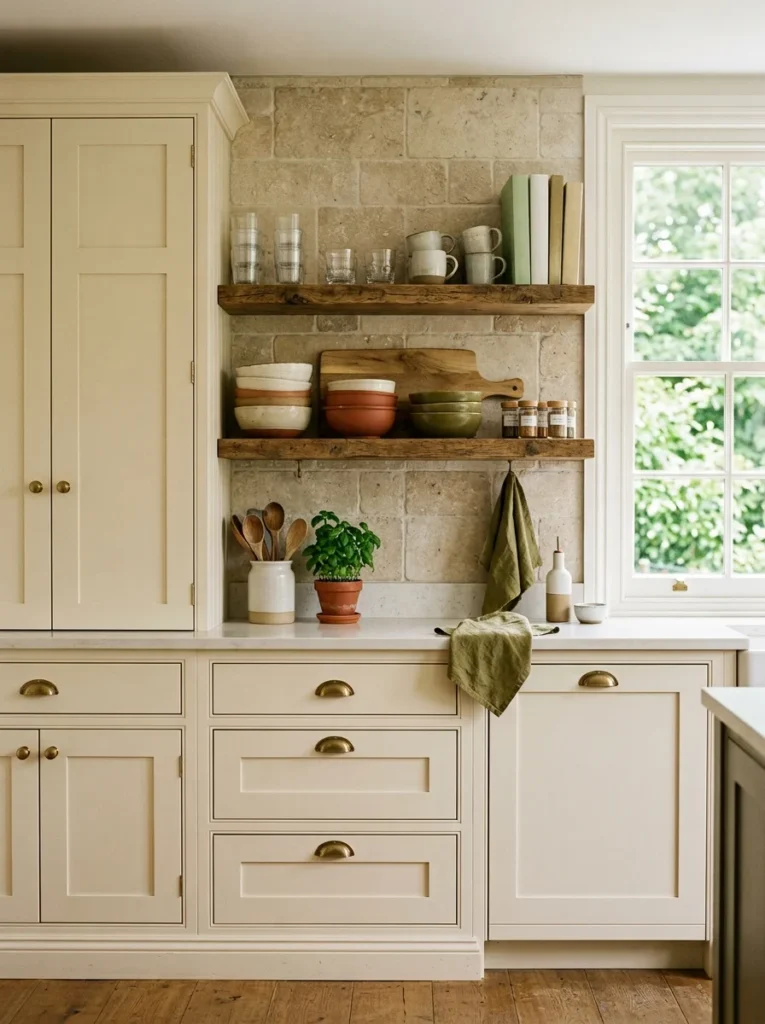 Kitchen mixing open wood shelving with practical closed cabinet storage.