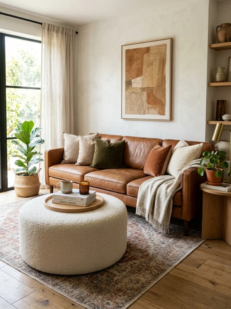 Caramel leather sofa illuminated by soft golden natural sunlight.
