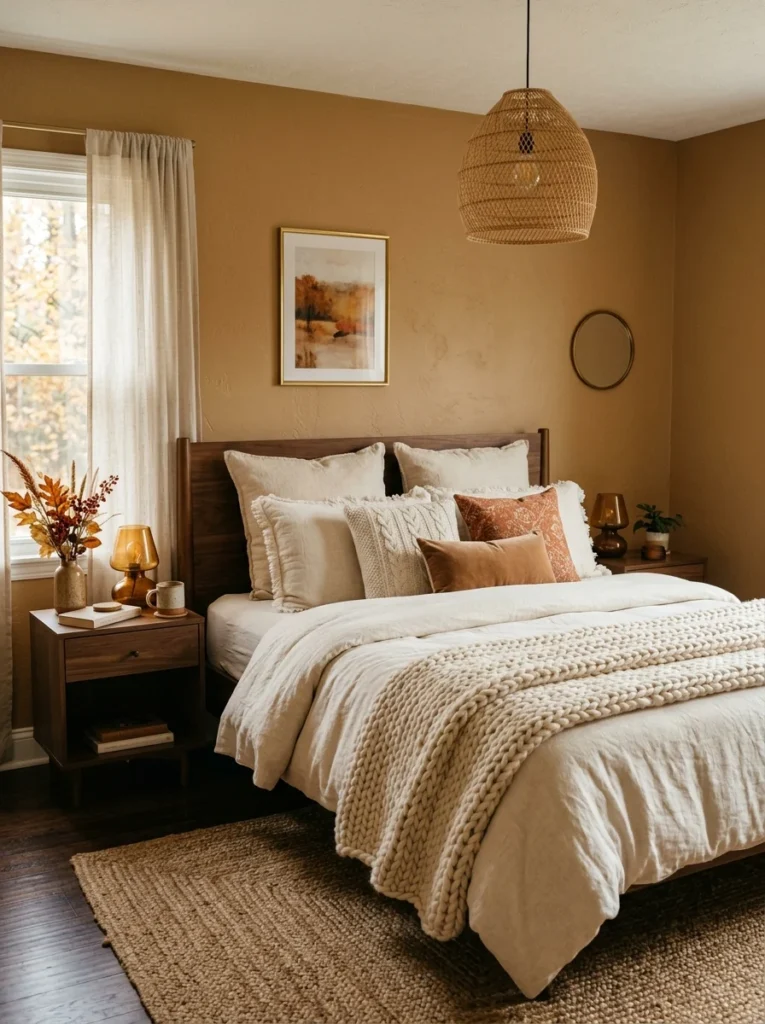Camel tan bedroom creating a warm cozy atmosphere.