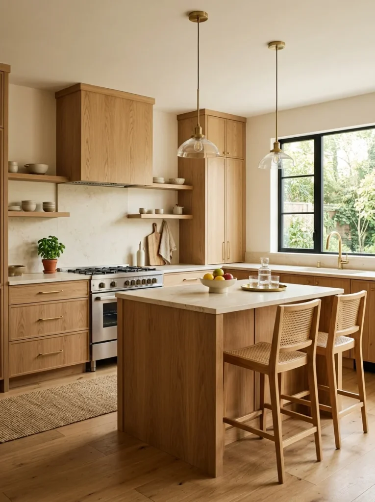 Warm oak kitchen cabinets creating a more inviting alternative to all-white cabinetry.