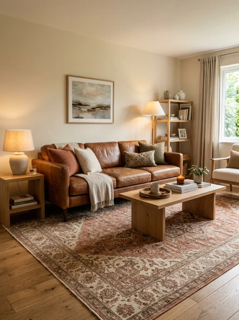 Cognac leather sofa paired with a warm terracotta and cream area rug.