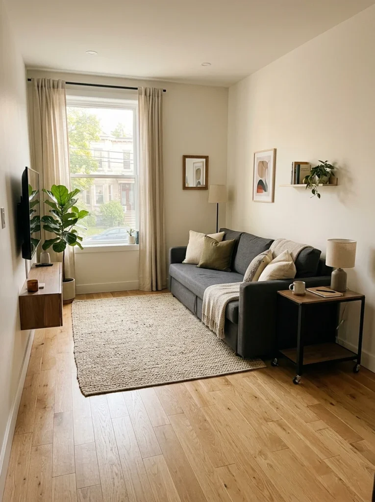 Small apartment layout with space for sofa bed conversion.