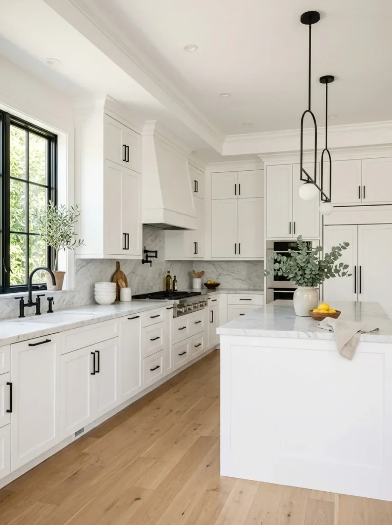 Slim black cabinet handles modernizing kitchen cabinetry.