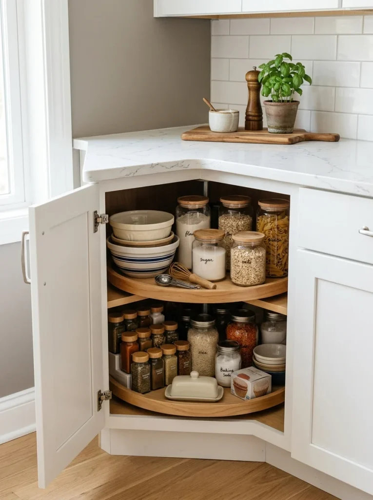 Two-tier Lazy Susan organizing a kitchen corner cabinet.