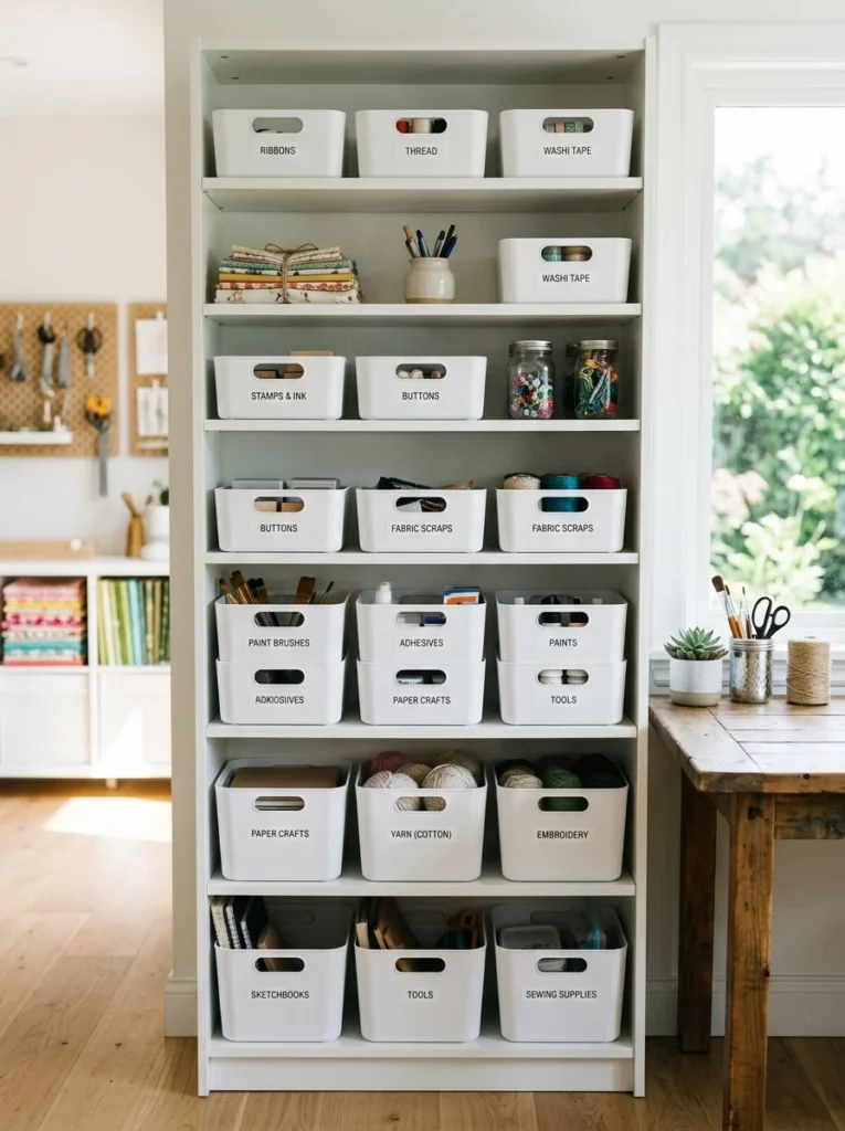 Rolling storage bins underneath a craft table.