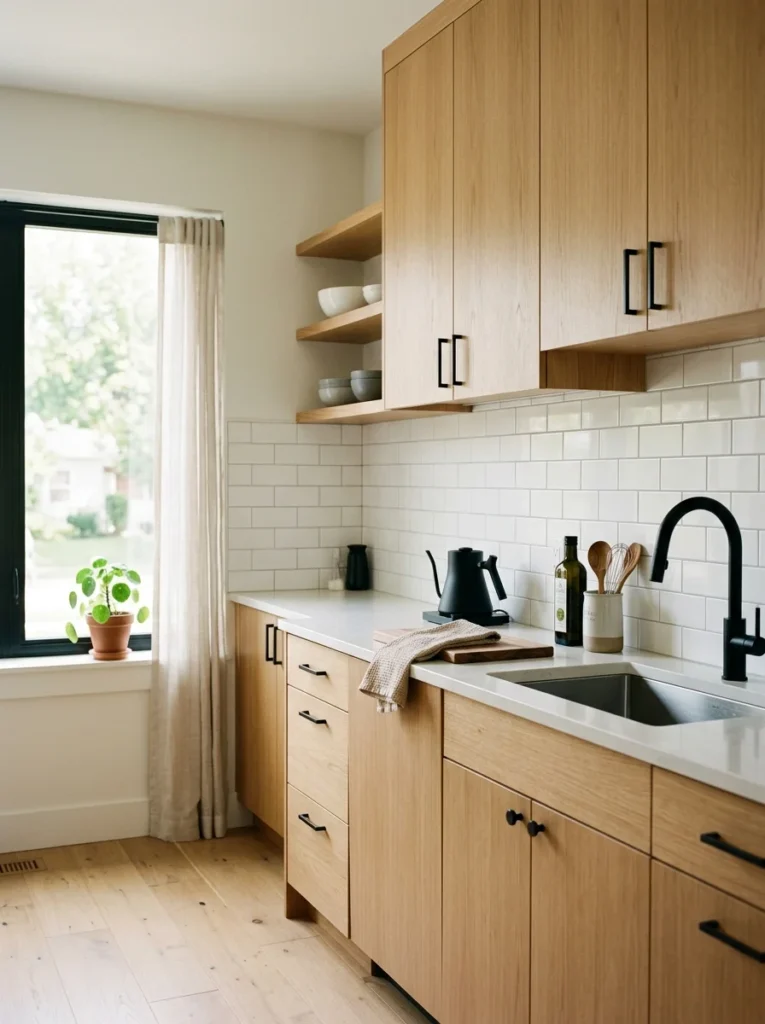 Scandinavian kitchen with a simple white subway tile backsplash.