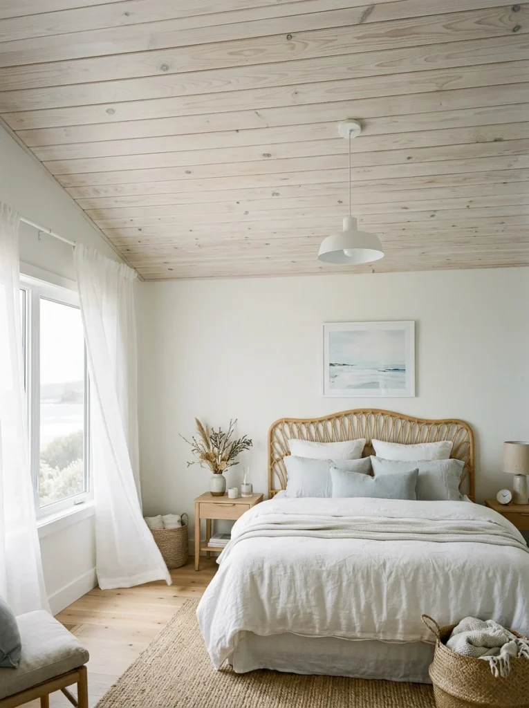 Whitewashed wood shiplap ceiling with visible grain in a bright coastal guest bedroom.
