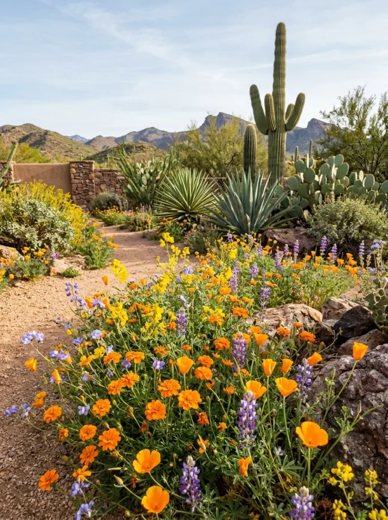 Native desert wildflowers adding orange, purple, and yellow spring color to a backyard.