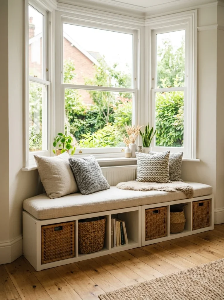 IKEA KALLAX transformed into a cozy window seat with storage.