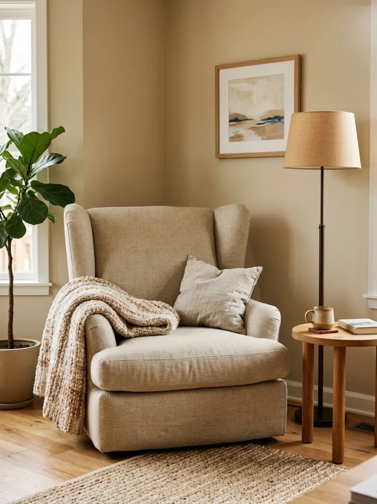 Oversized wingback chair anchoring a cozy empty living room corner.