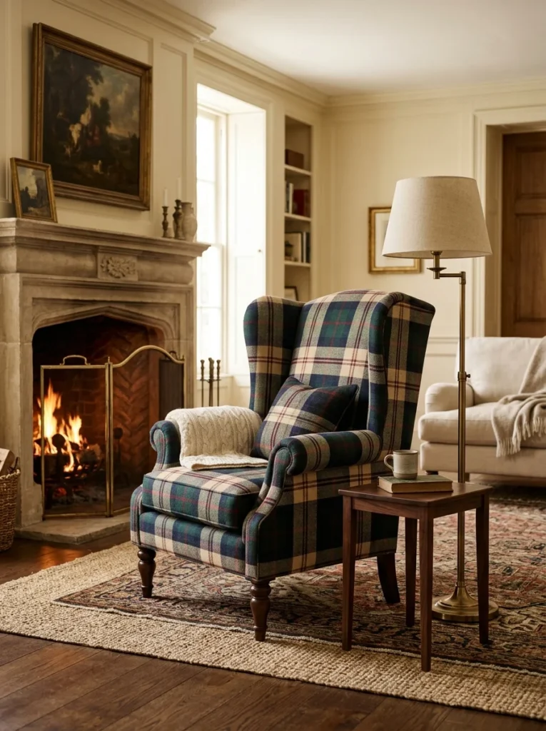 Bold plaid wingback chair creating a classic statement in a traditional living room.