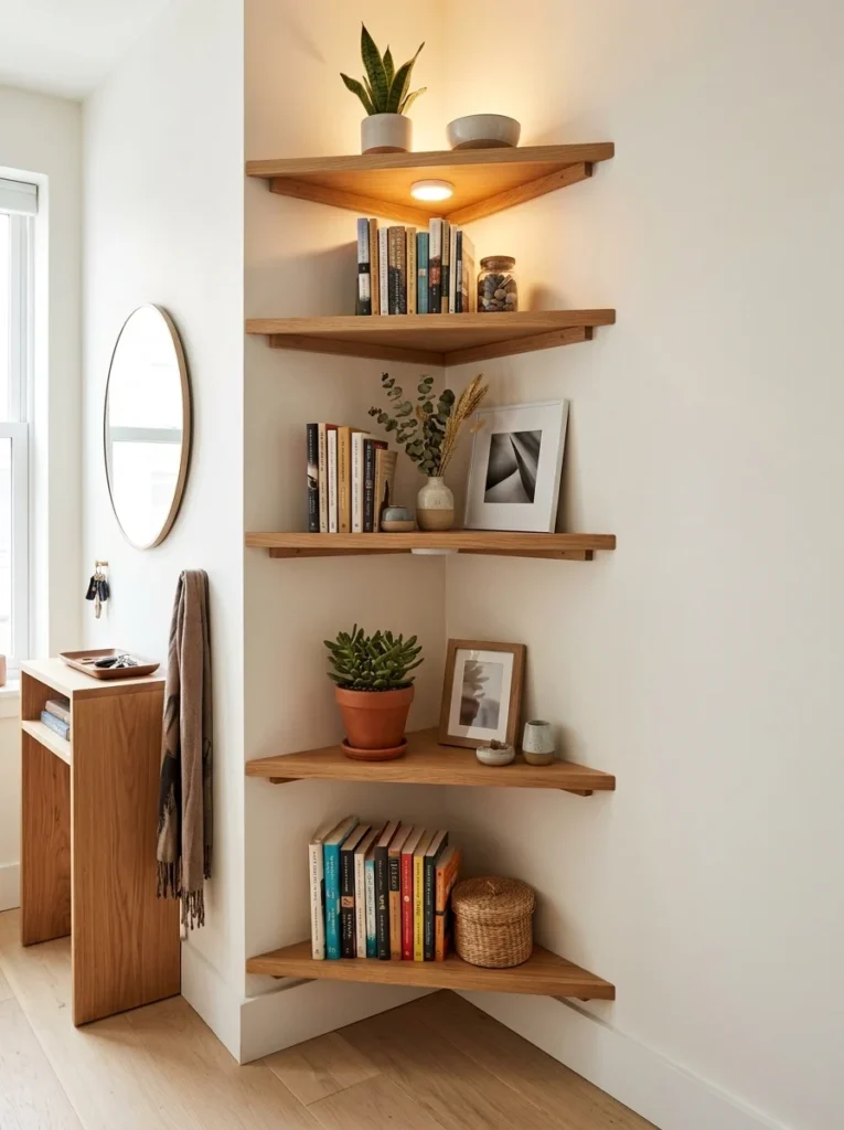 Custom corner shelves turning an awkward apartment corner into useful vertical storage.