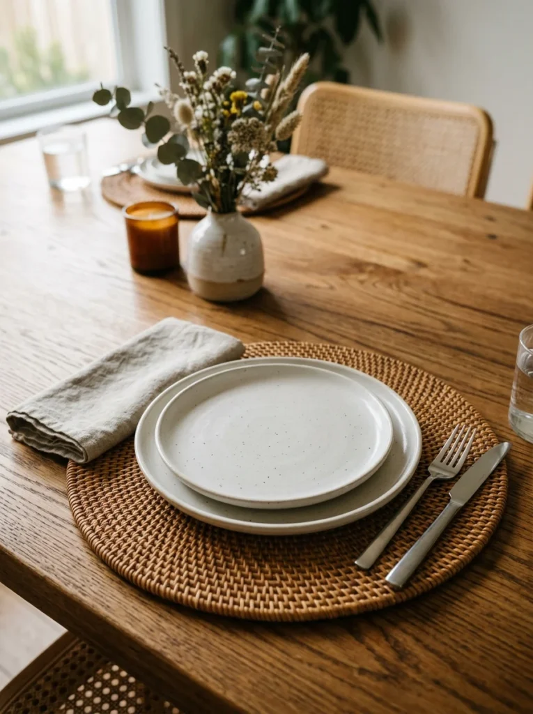 Woven placemats adding natural texture to simple dining table settings.