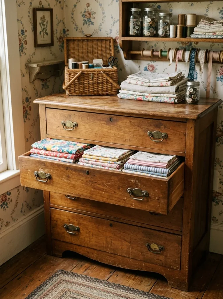 Repurposed vintage dresser storing folded fabric and craft supplies.