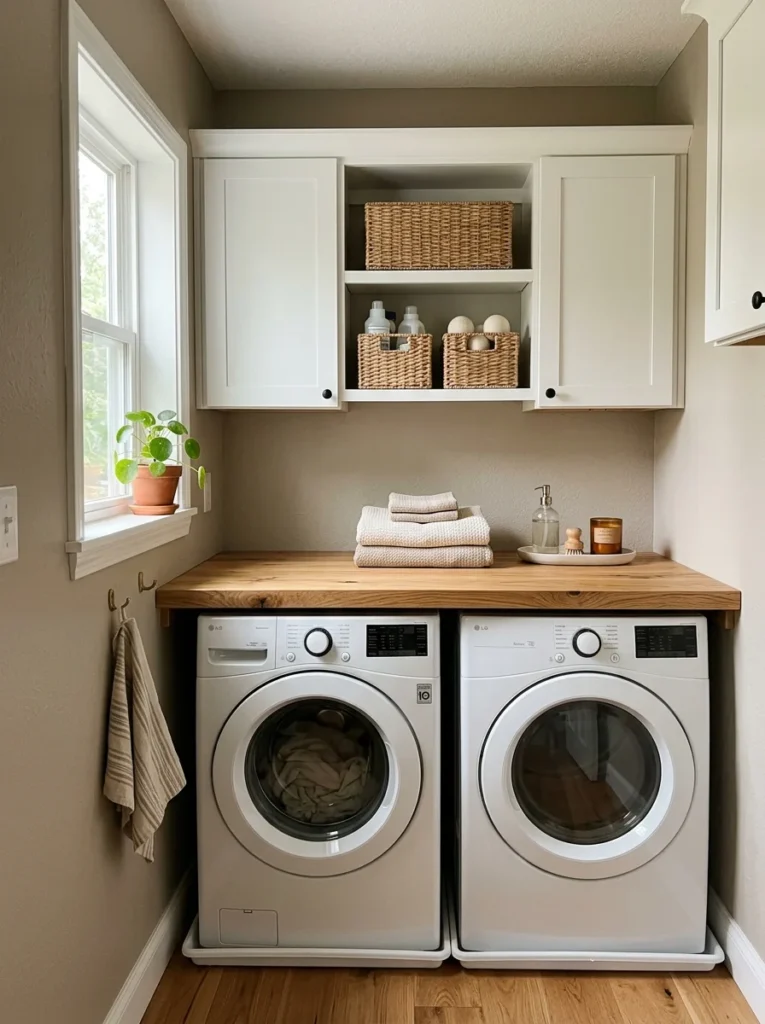 Wood folding counter installed above a washer and dryer.