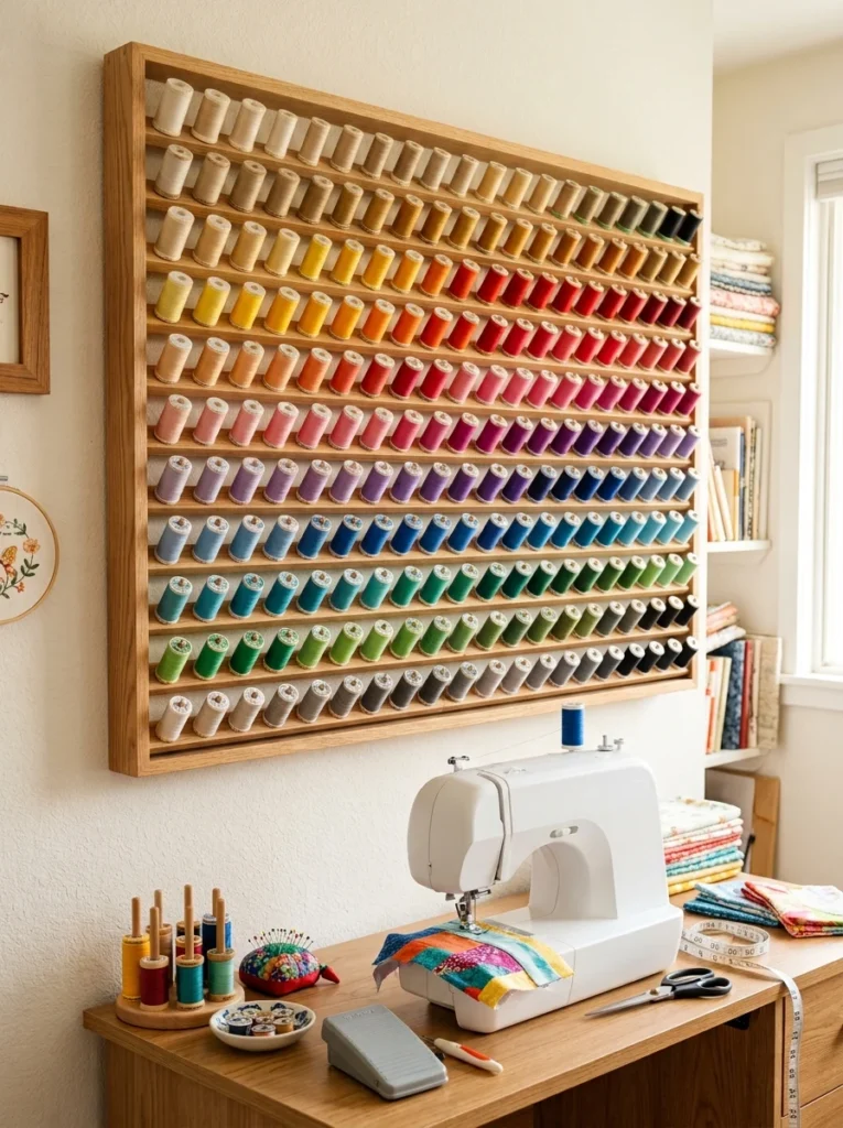 Wall-mounted wooden spool rack organizing sewing thread by color.