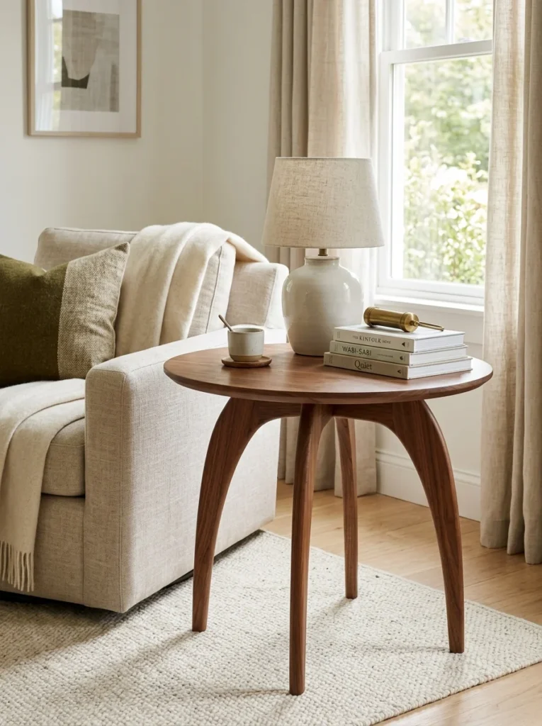 Round wooden table with curved tapered legs for a softer furniture silhouette.