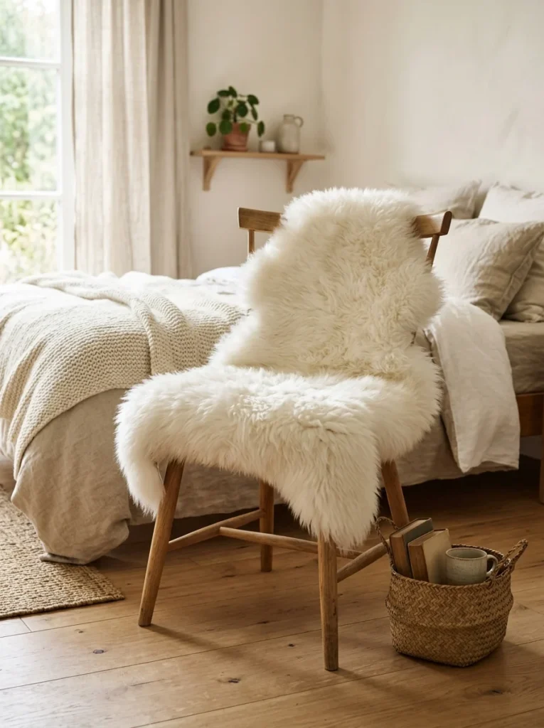 Simple wooden chair styled with a soft white textured sheepskin throw.