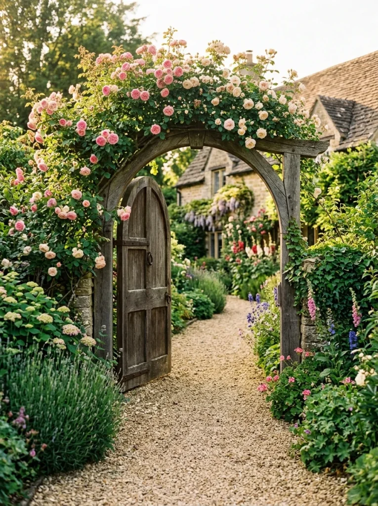 Decorative wooden gate framing a driveway entrance.
