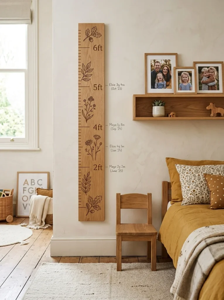 rtistic wall-mounted height chart in a modern kids bedroom.
