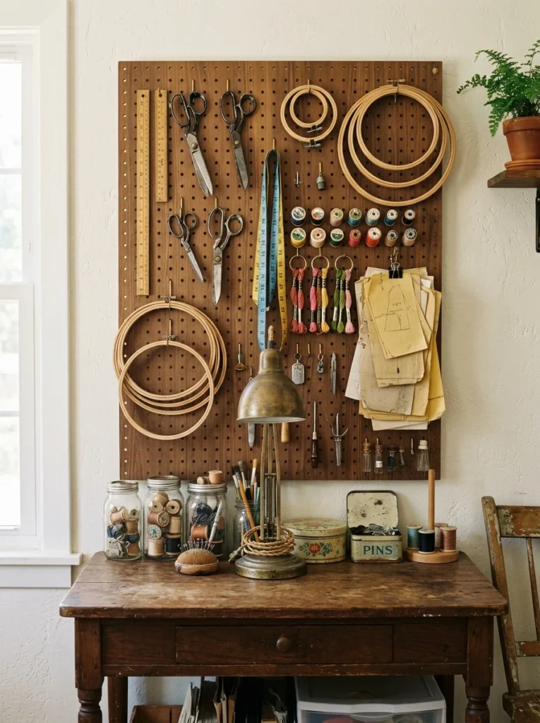 Stained wooden pegboard organizing craft tools and sewing patterns.
