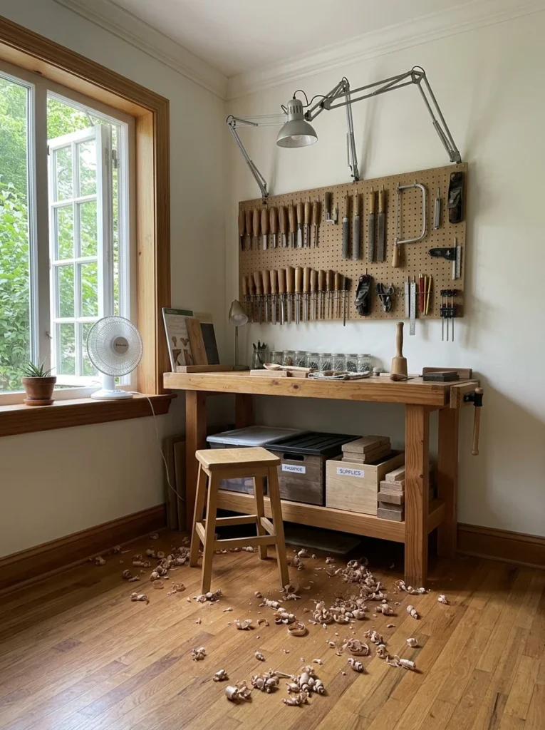 Compact hobby room woodworking bench with organized hand tools, storage, and protective floor mat.