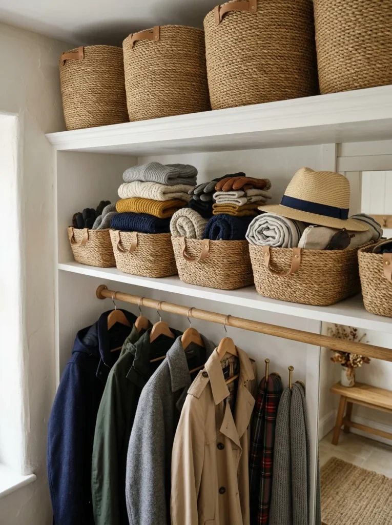 Stackable woven baskets organizing seasonal accessories on mudroom shelves.