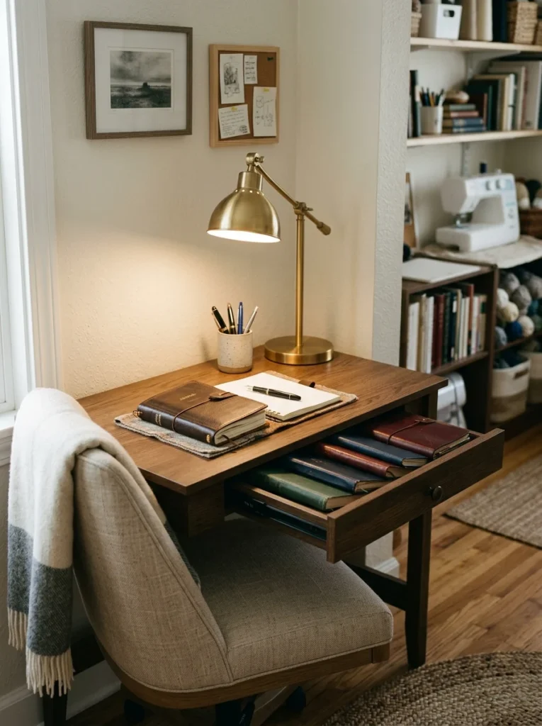 Minimal journaling and writing desk with lamp, pens, journal, and comfortable chair in a hobby room.