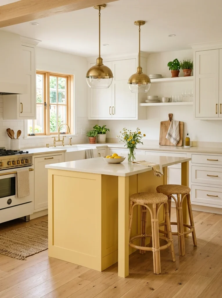 Moody charcoal kitchen with warm wood shelving and brass hardware.