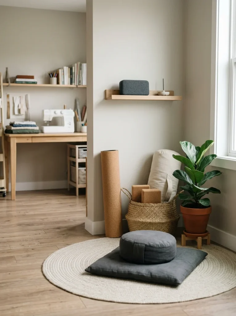 Peaceful hobby room yoga corner with mat, blocks, bolster, meditation cushion, and plant.