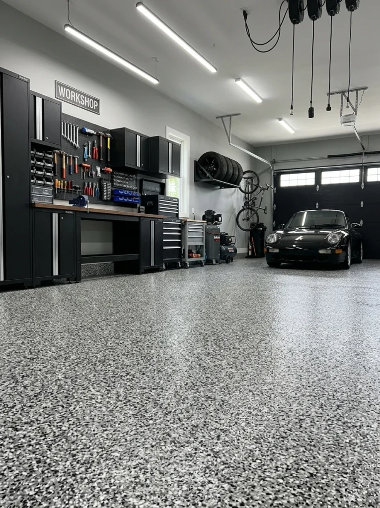 Decorative flake epoxy garage floor.