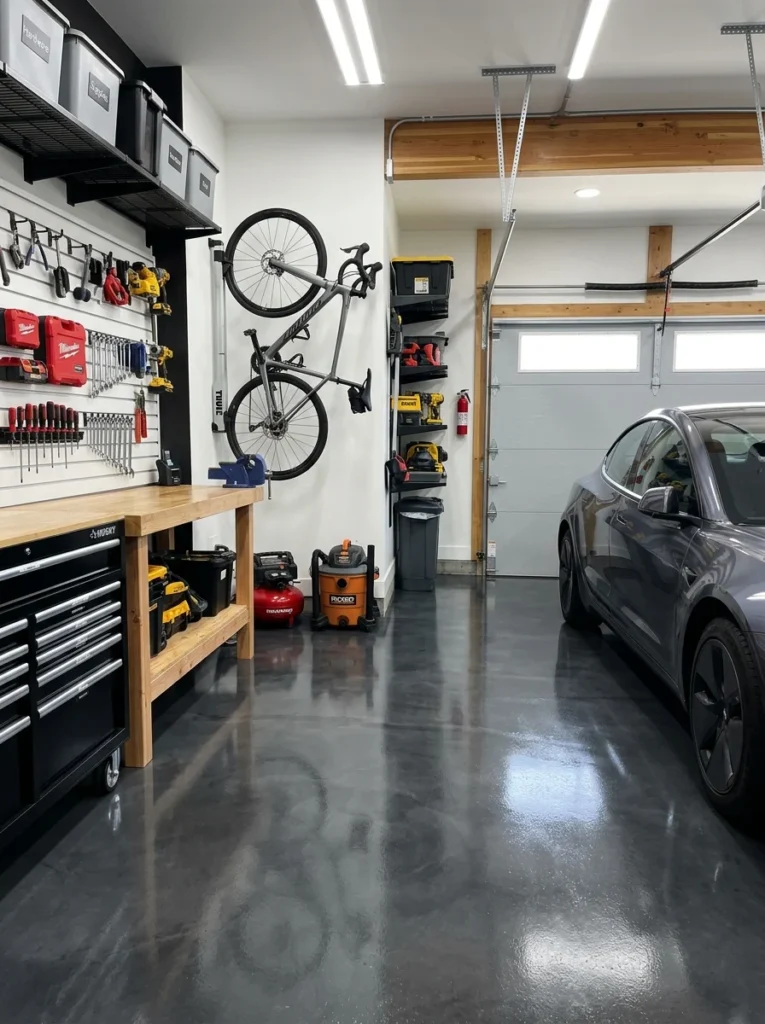 Concrete overlay garage flooring.