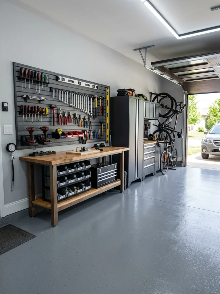 Concrete overlay garage flooring.