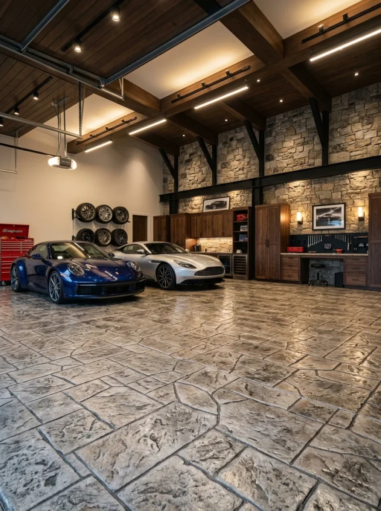 Stamped concrete garage floor.