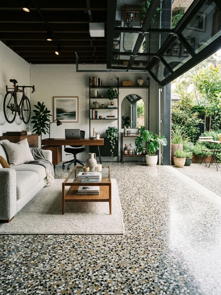 Stamped concrete garage floor.