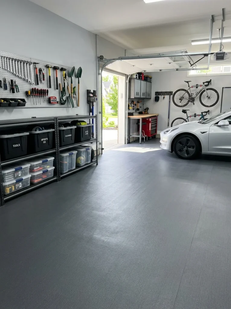 Herringbone garage floor tiles.