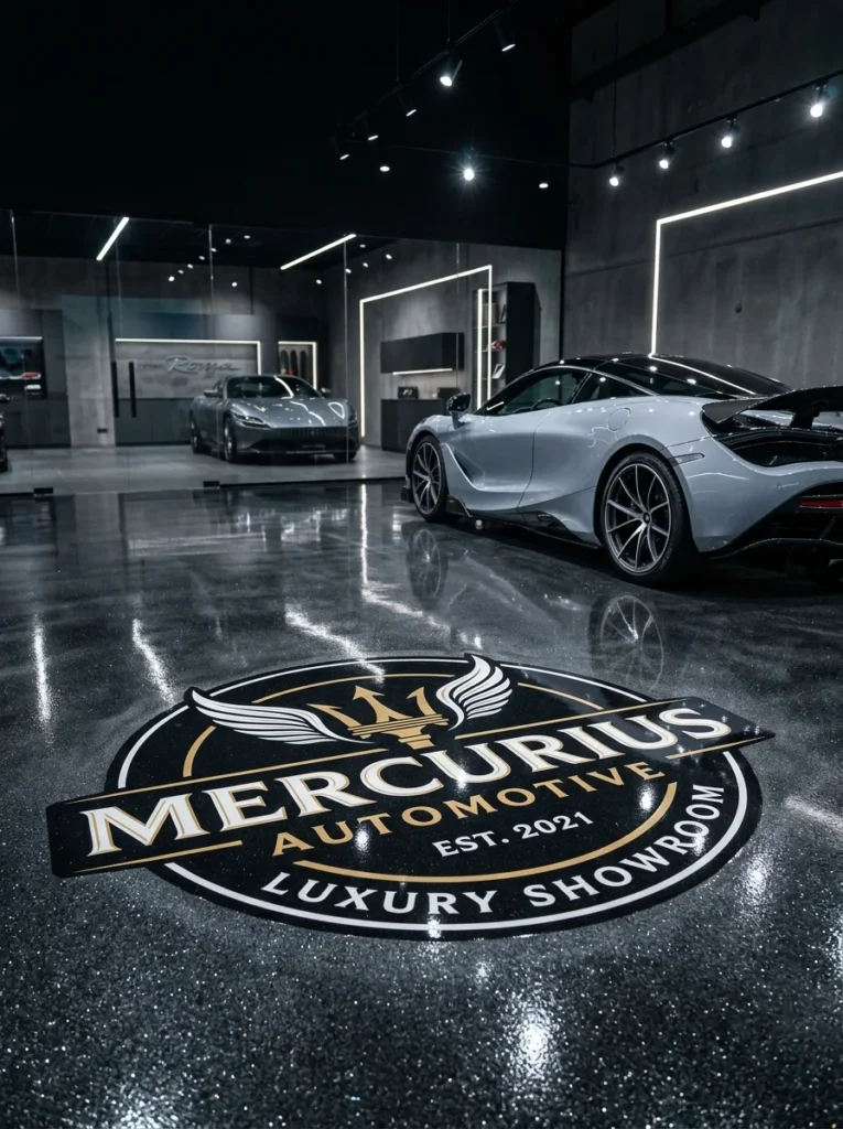Custom logo epoxy garage floor.