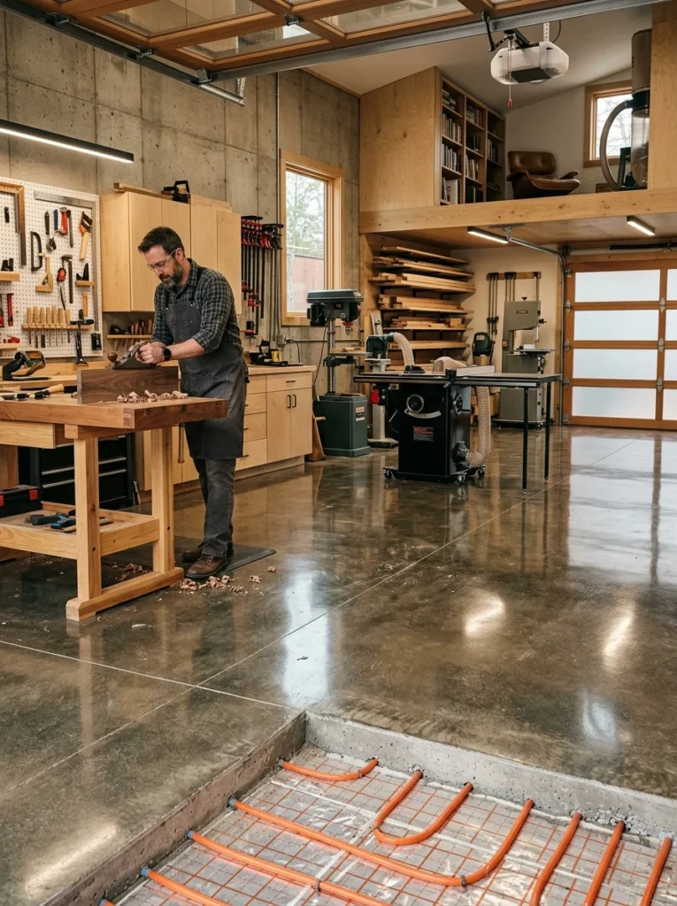 Heated garage flooring system.