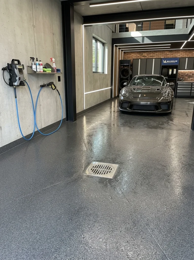 Garage floor with drainage system.