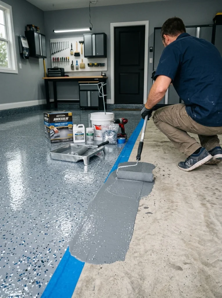 DIY garage floor coating project.