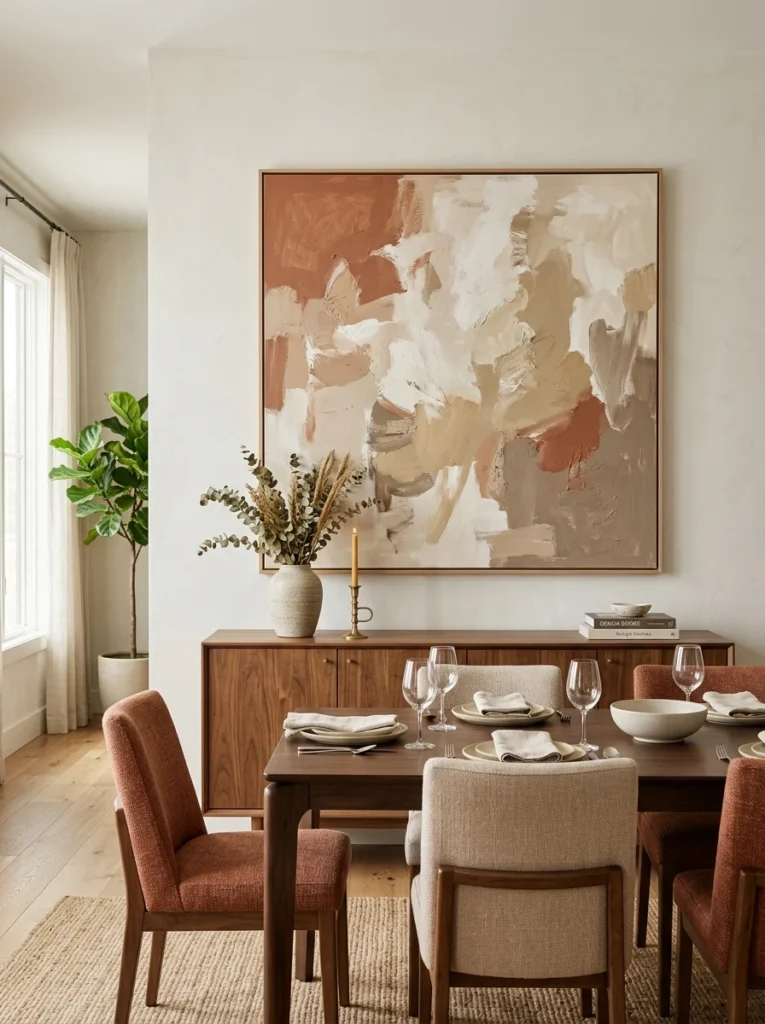 Oversized terracotta and cream abstract painting above a dining room buffet.