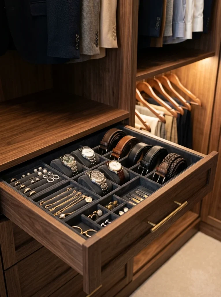 Compartmentalized drawer organizing jewelry and closet accessories