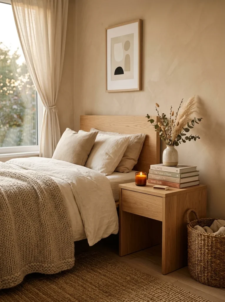 Aesthetic bedroom finished with small decorative details and layered textures.