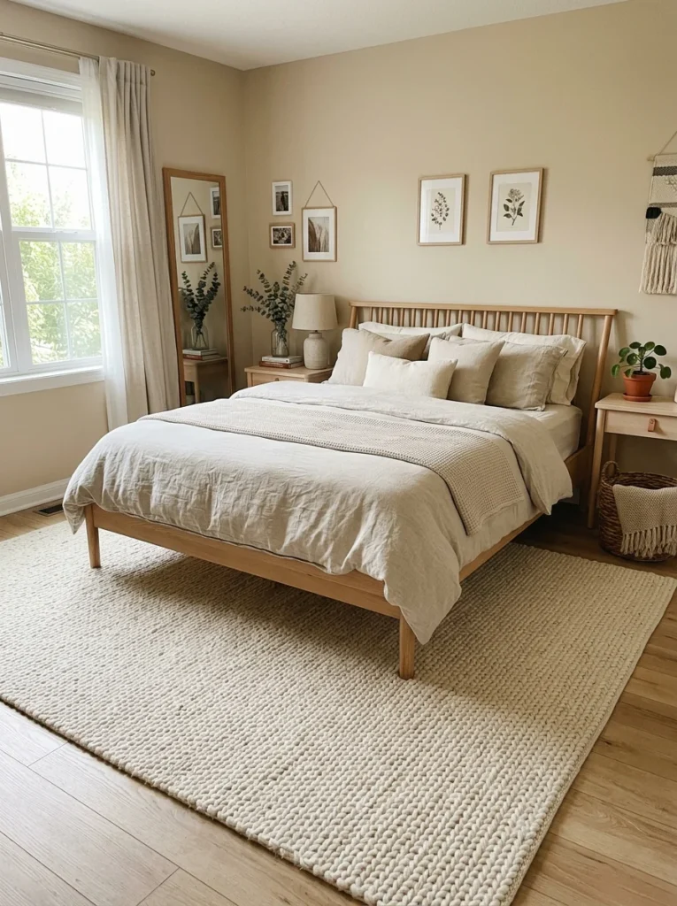 Soft neutral area rug layered beneath an aesthetic bedroom bed.
